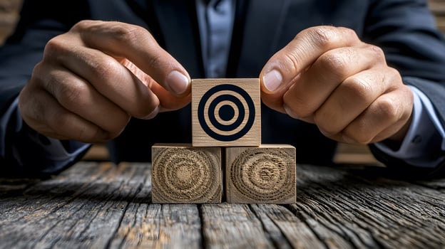 Building Success Businessman Stacking Target Blocks for Goal Achievement, Business Strategy and Targeted Marketing photo