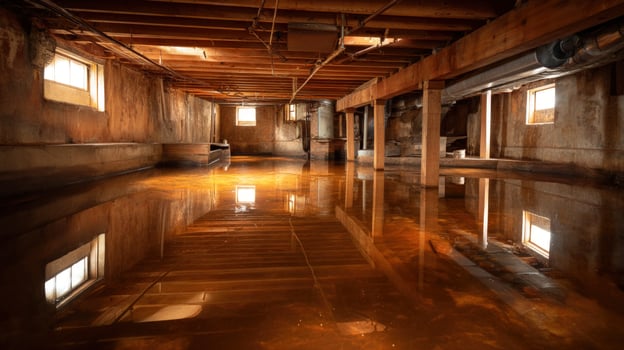 Flooded basement reflecting light from small windows, possible water damage use photo