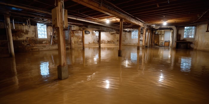 Flooded basement water damage disaster risk. House underwater, insurance use photo