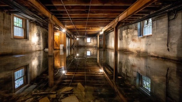 Flooded basement water damage reflecting room interior during heavy rains photo