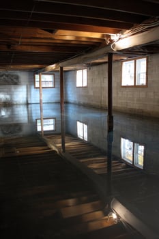 Flooded basement standing water, window reflections, disaster, damage scene photo