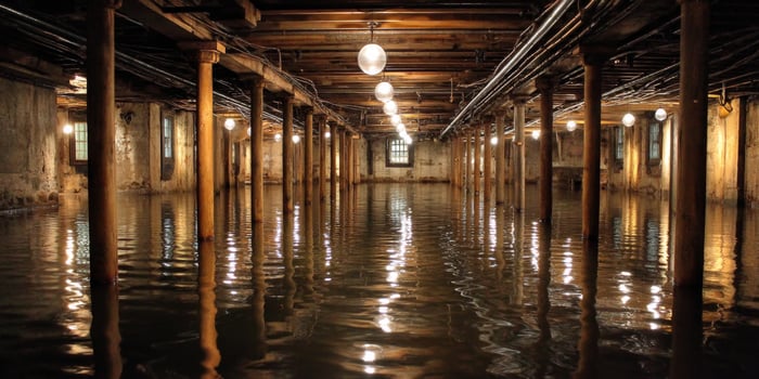 Flooded old basement with pillars and lighting reflecting in the water photo