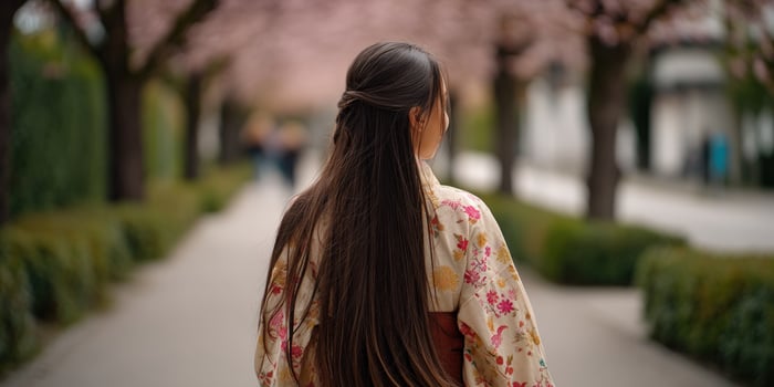 Girl wearing kimono walking through park with blossoming trees, for travel blogs photo
