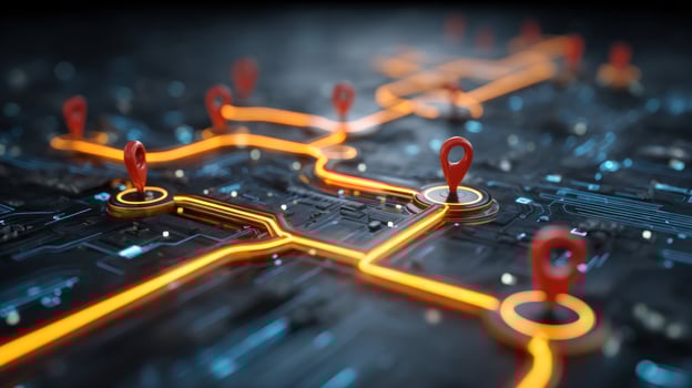 Glowing paths connect red map pins across a digital circuit, illuminated in orange photo