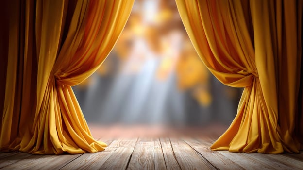 Golden curtains open to a bright, blurred background, onstage for performance photo