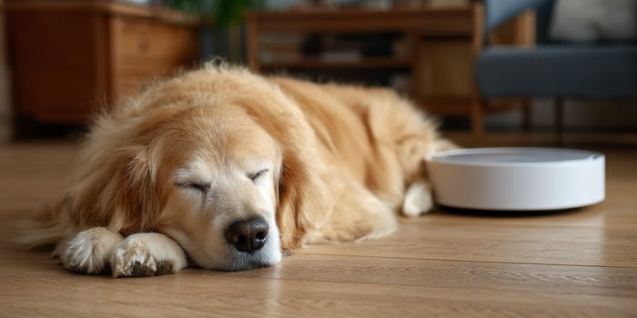 Golden Retriever naps next to a smart scale on wooden floor in a living room photo