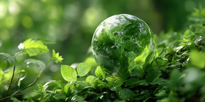 Green marble nestled among leaves in a forest, shining as nature concept photo