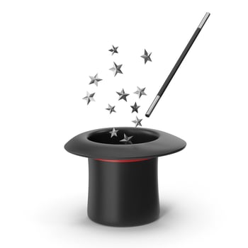 Magic Top Hat with Wand and Stars, 3D Render, white Background photo