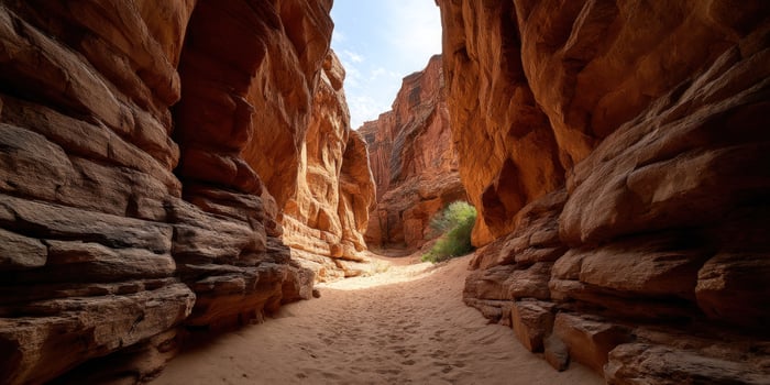 Hiking through a red sandstone slot canyon, bright sky in the background photo