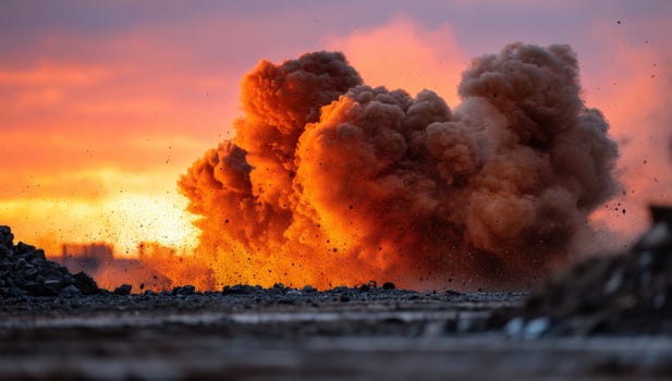 Huge explosion produces smoke plume during demolition, construction in background photo