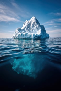Iceberg floating in the clear sea with cloud background. For travel marketing photo