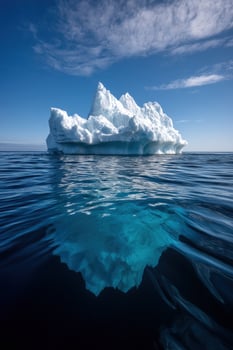 Iceberg floats calmly in the blue ocean, reflecting in the water, seen in travel photo
