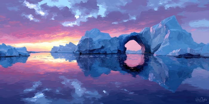 An artistic painting of icebergs at sunset photo