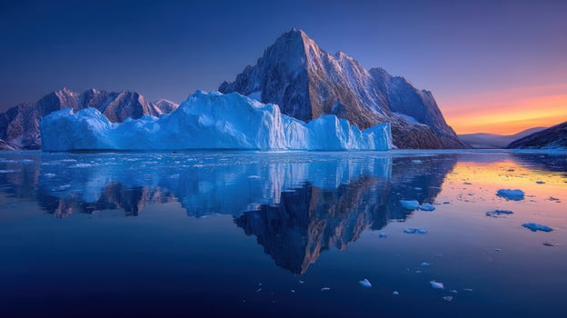 Iceberg reflects in waters of Greenland fjord landscape at sunset. Travel use photo