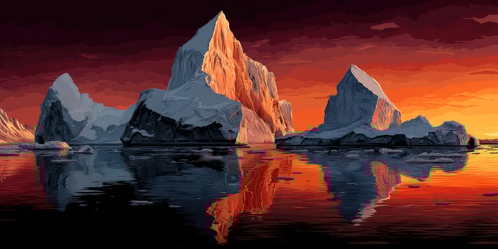 Icebergs reflect on a calm sea under a colorful sunset sky photo