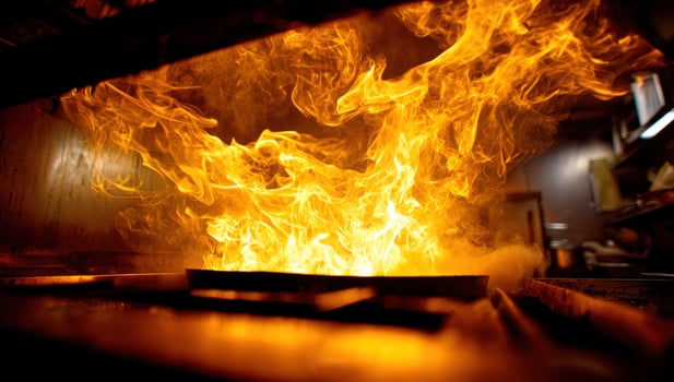 Intense flames engulf a rectangular object inside a dark enclosure, blazing heat photo
