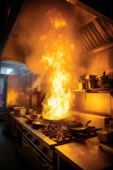Intense flames engulf cooking pans on restaurant stove against kitchen background photo
