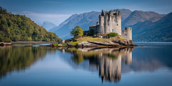 Isle castle in a loch, reflects on calm waters with mountains and foliage photo