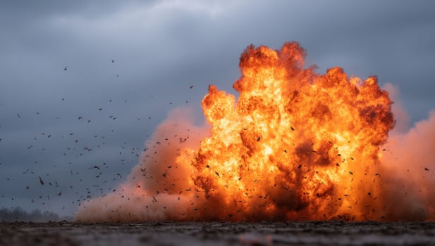 Large explosion on the ground, in rural land with smoke, possible special effects photo