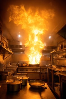 Kitchen inferno Flames engulf cooking scene on a stove with utensils around photo