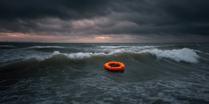 Life preserver bobs alone in rough ocean waves under stormy clouds in open sea photo