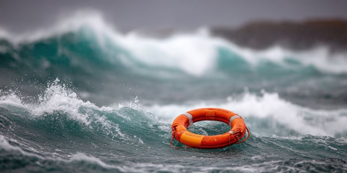Lifebuoy drifting in rough, churning ocean, under cloudy gray sky, storm brewing photo