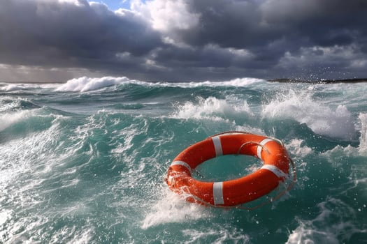 Lifebuoy floats in stormy ocean waves, dark clouds in background photo