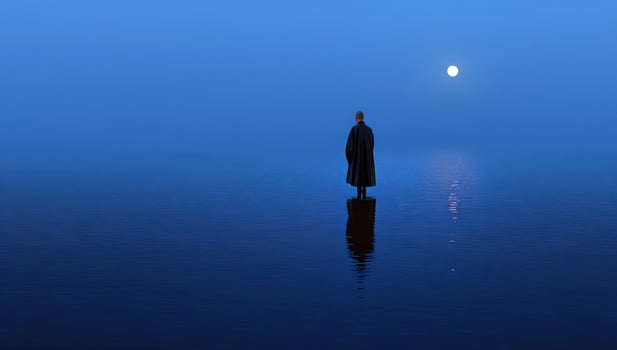 Lone figure standing in water under moonlight, shrouded in darkness, serene photo