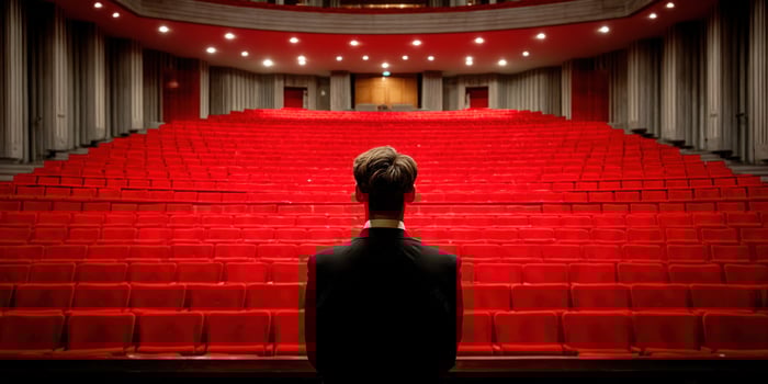 Lone figure stands before rows of empty red seats in a grand theater hall photo