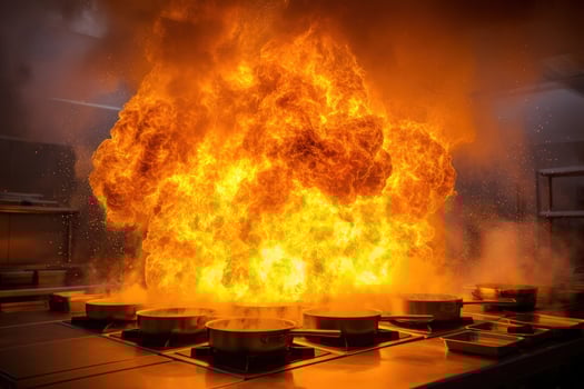 Massive flames engulf pans cooking on a stovetop, filling the kitchen in chaos photo