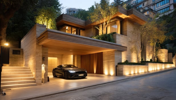 Modern house with car parked in garage on a hillside, illuminated at dusk photo