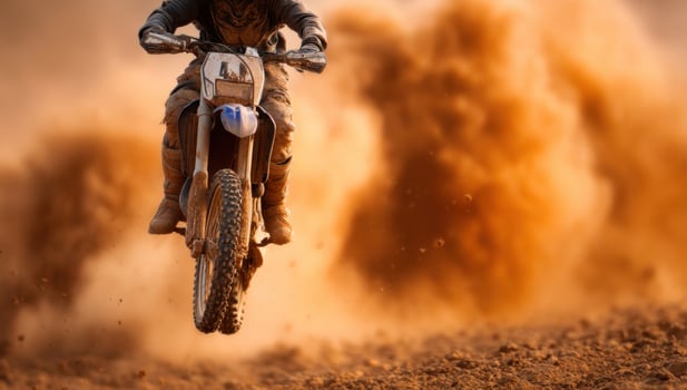Motocross rider leaps dirt bike in desert with swirling dust cloud backdrop photo
