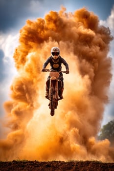 Motocross rider leaps in cloud of dust with dark, cloudy sky in the background photo