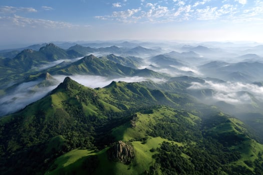 Mountains rise over valley. Clouds linger in the distance. Nature stock footage photo