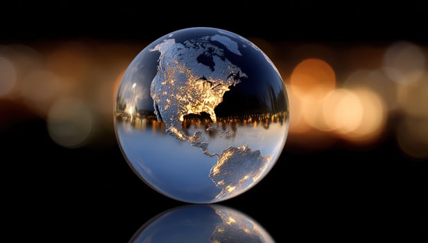 North America visible in a glass globe with cityscape reflection, for presentations photo