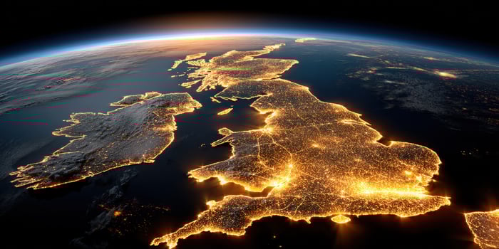 Night lights illuminate the United Kingdom viewed from space. Connectivity photo