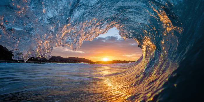 Ocean wave curls as the sun sets over the water, creating a scenic vista photo