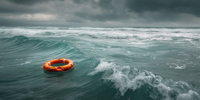 Orange life buoy floating on the open sea, waves crashing, cloudy sky above photo