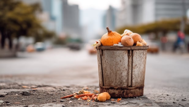 Overflowing Trashcan with Produce on City Street, Buildings, Cars in Background photo