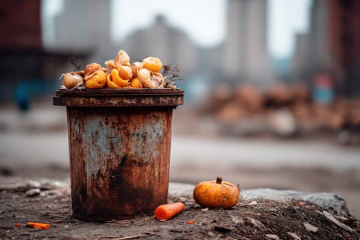Overfilled rust bucket with vegetable food waste sits outside in urban area photo