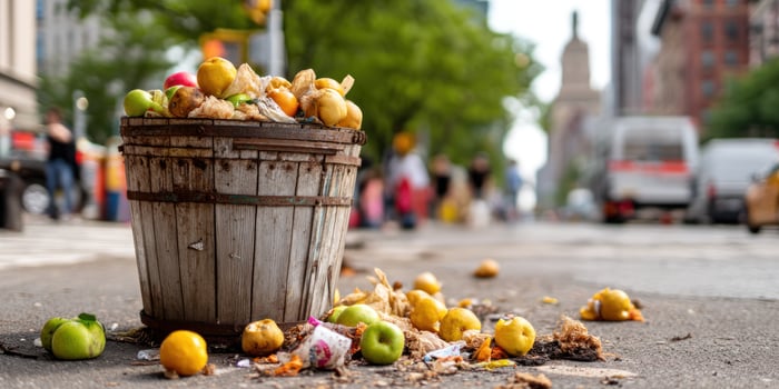 Overflowing barrel of fruit spills onto city street with traffic in the background photo