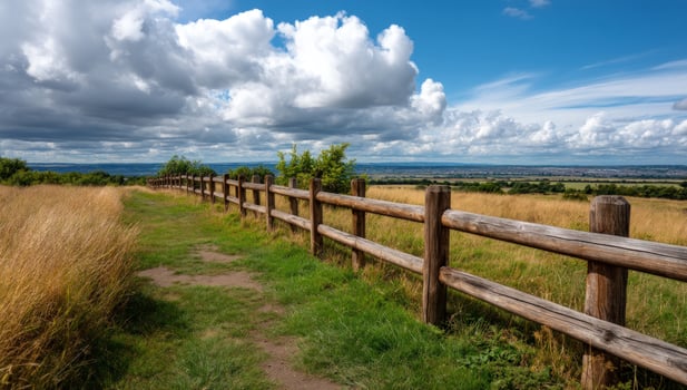 Path and fence along scenic landscape view, under clouds. Nature background photo