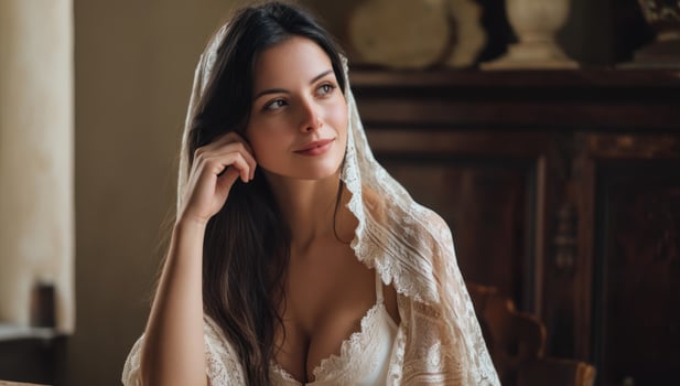Pensive woman indoors with lace shawl, gazing thoughtfully, near old wooden furniture photo