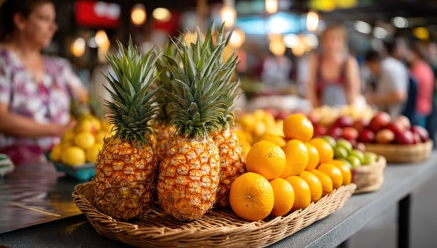 A basket of pineapples and oranges on a table photo
