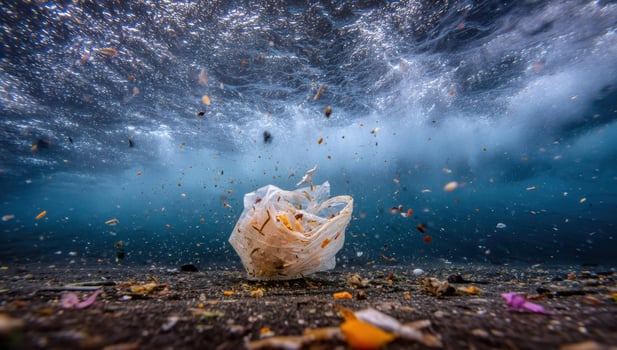 Plastic bag floats underwater by ocean floor, with debris in the environment photo