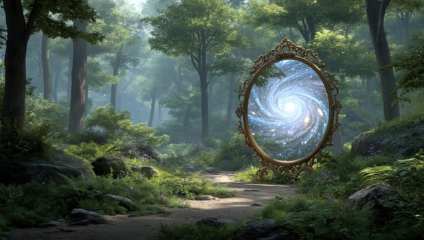 Portal mirror displaying cosmic vista in sunlit forest, with lush green vegetation photo