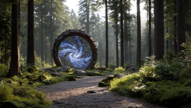 Portal opens showing galaxy in the woods, concept for fantasy, travel or portal ads photo