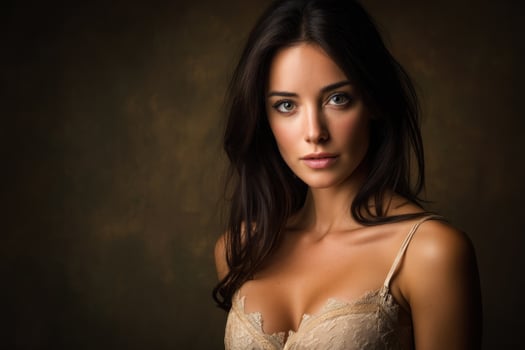 Portrait of a beautiful woman with brown hair and lingerie, against abstract backdrop photo