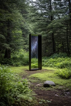 Portal displaying galaxy view, standing in wooded area. Scenery, Travel shot photo