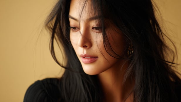 Portrait of a woman with long, dark hair against a simple tan background photo